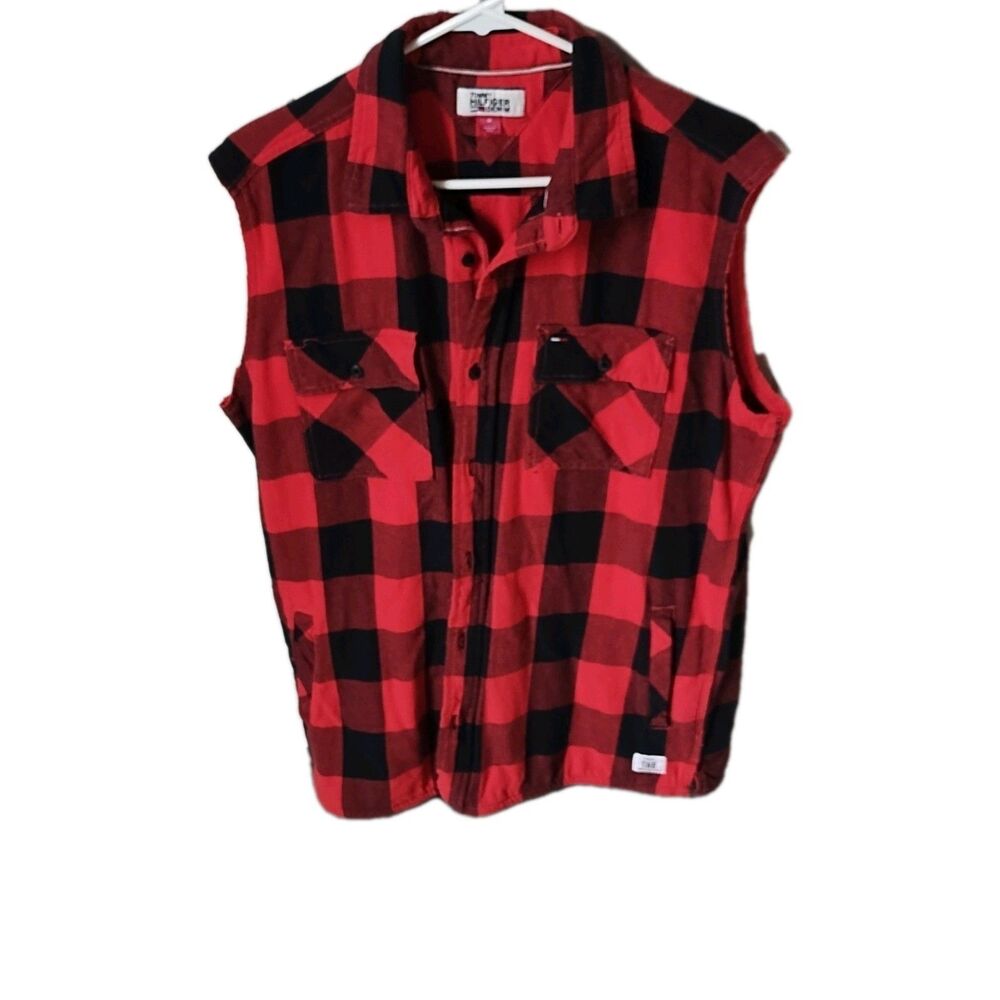 Tommy Hilfiger Denim Men's Flannel Plaid Sleeveless Shirt Red Black M